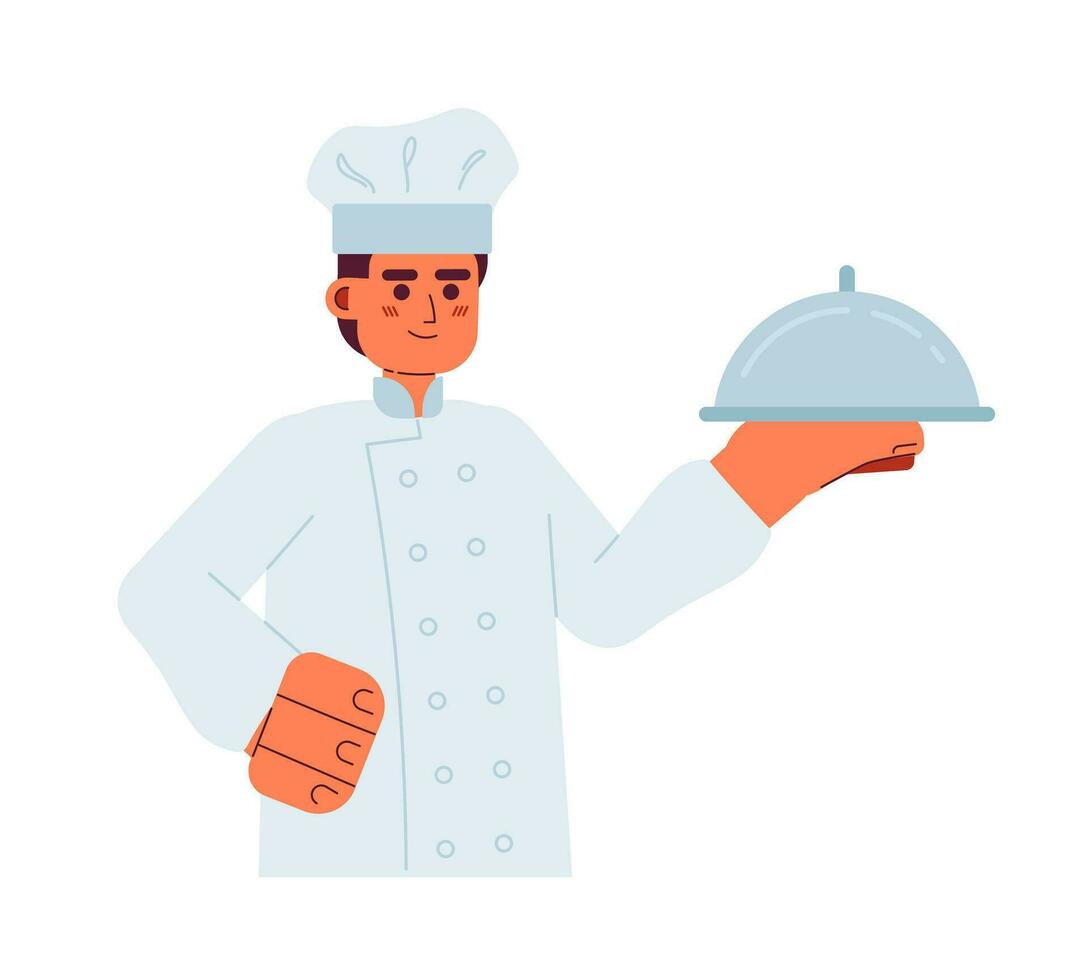 masculino cocinero sostener plata plato semi plano vistoso vector personaje. editable medio cuerpo caucásico Cocinando persona en blanco. sencillo dibujos animados Mancha ilustración para web gráfico diseño