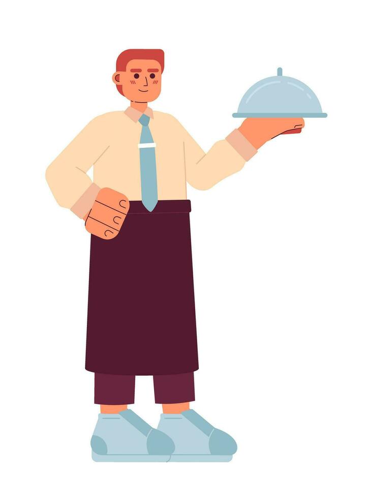 Waiter stand with tray semi flat colorful vector character. Editable full body caucasian cooking person on white. Simple cartoon spot illustration for web graphic design