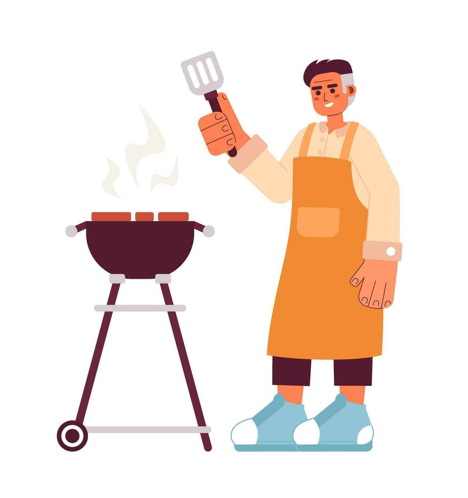 Happy man stand with spatula semi flat colorful vector character. Editable full body chef cooking bbq on grill on white. Cooking character simple cartoon spot illustration for web graphic design