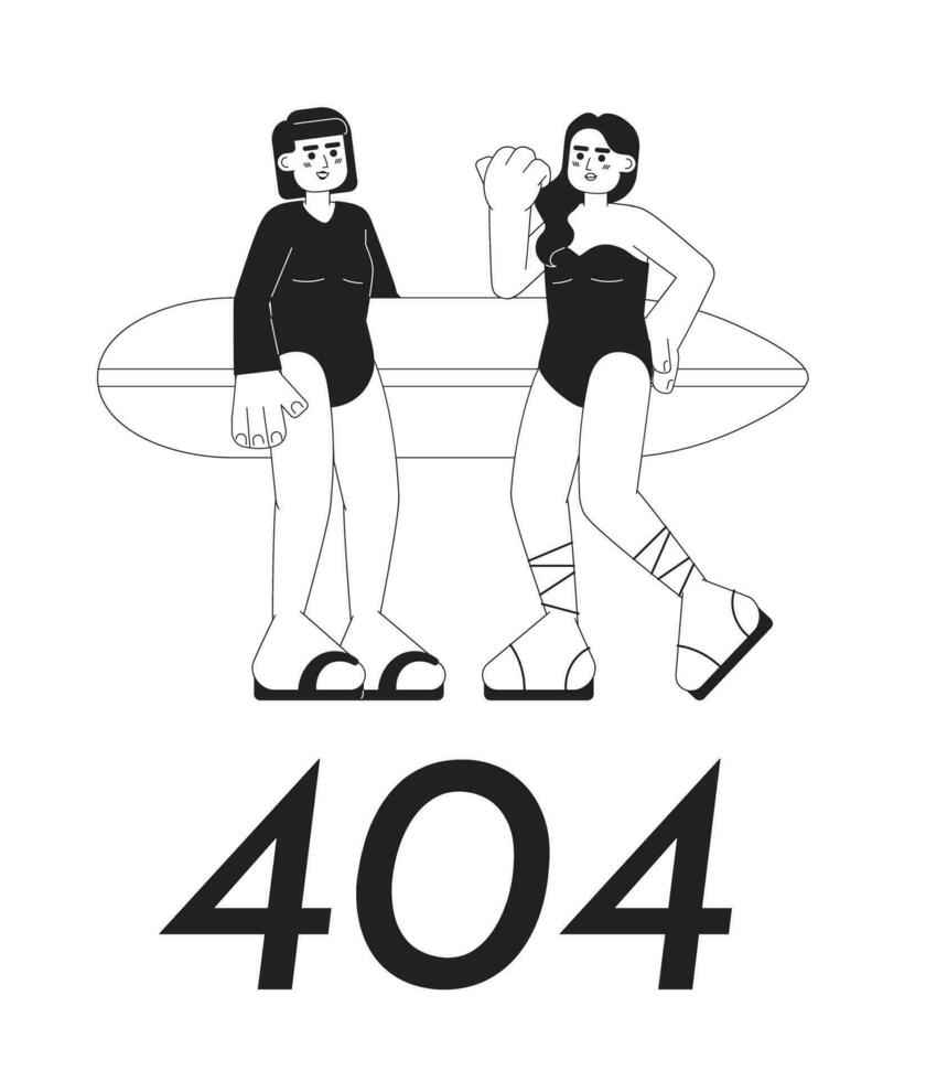 Young surfer girls with surfboard on beach black white error 404 flash message. Monochrome empty state ui design. Page not found popup cartoon image. Vector flat outline illustration concept