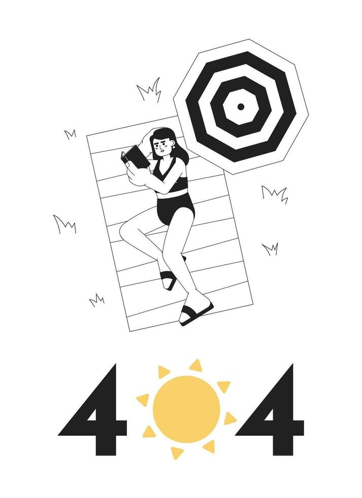 Reading book on beach black white error 404 flash message. Woman enjoying summer reading. Monochrome empty state ui design. Page not found popup cartoon image. Vector flat outline illustration concept