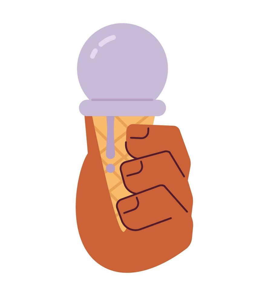 Soft serve ice cream ball in hand semi flat colorful vector hand. Delicious icecream eating. Frozen yummy dessert. Editable clip art on white. Simple cartoon spot illustration for web graphic design