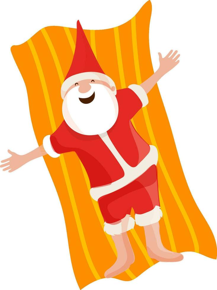 personaje de contento Papa Noel claus descansando en cama hoja. vector