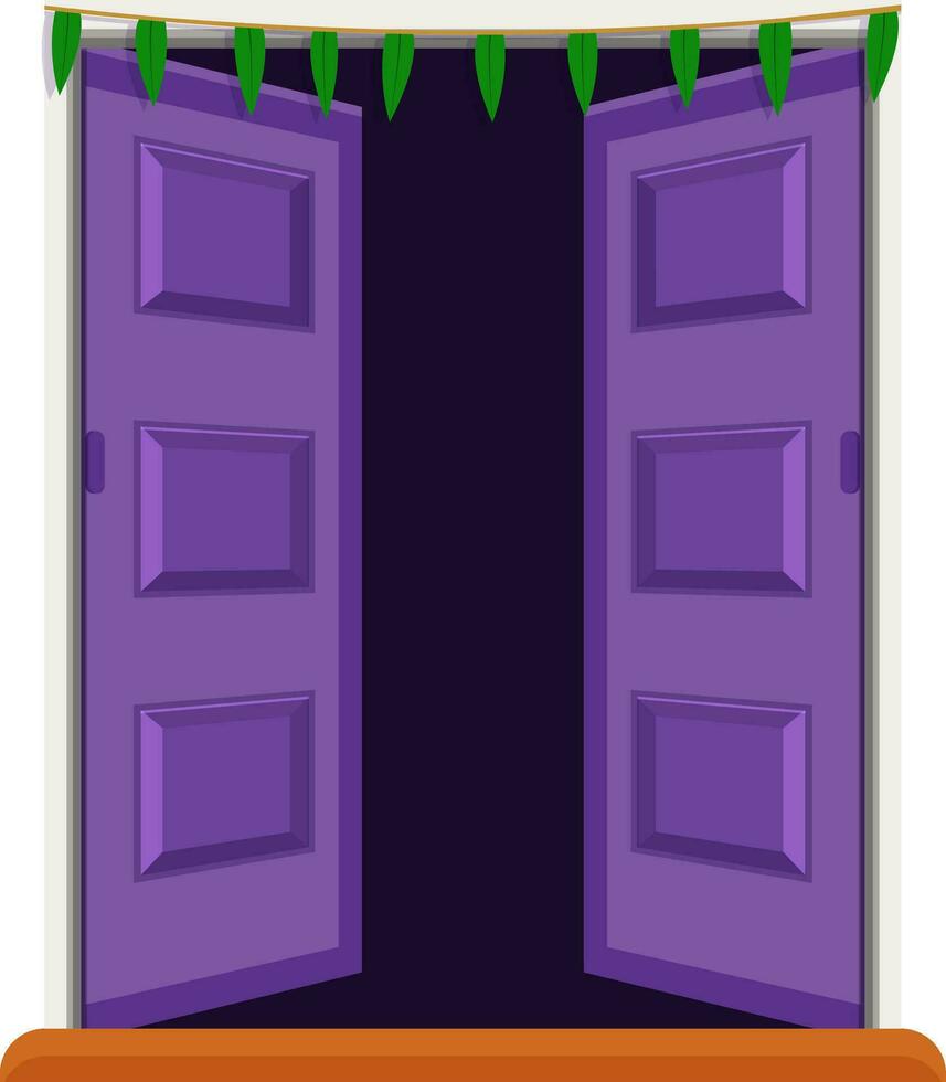 Open door decorated by leaves . vector