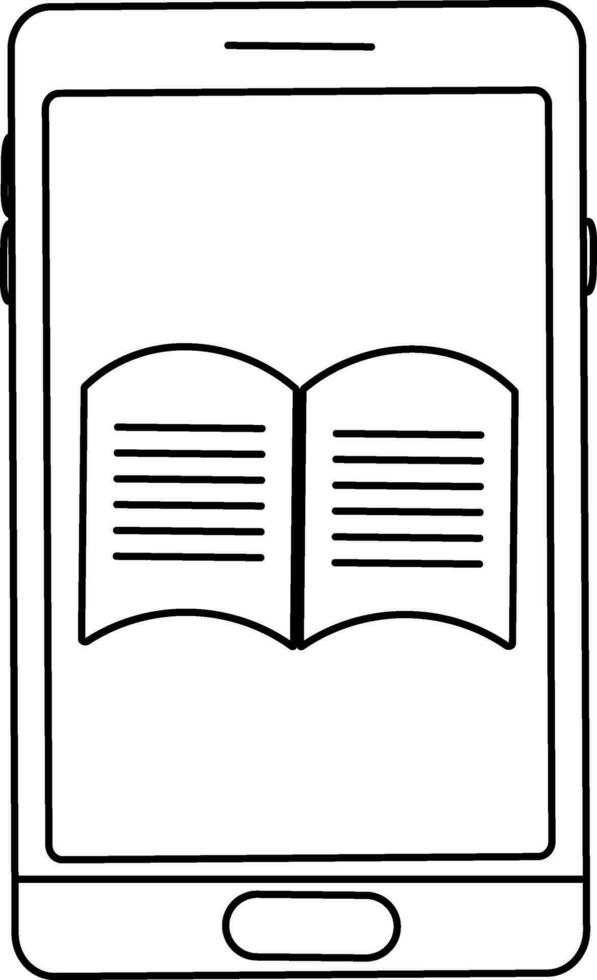 Book in smartphone. Black line art illustration. vector