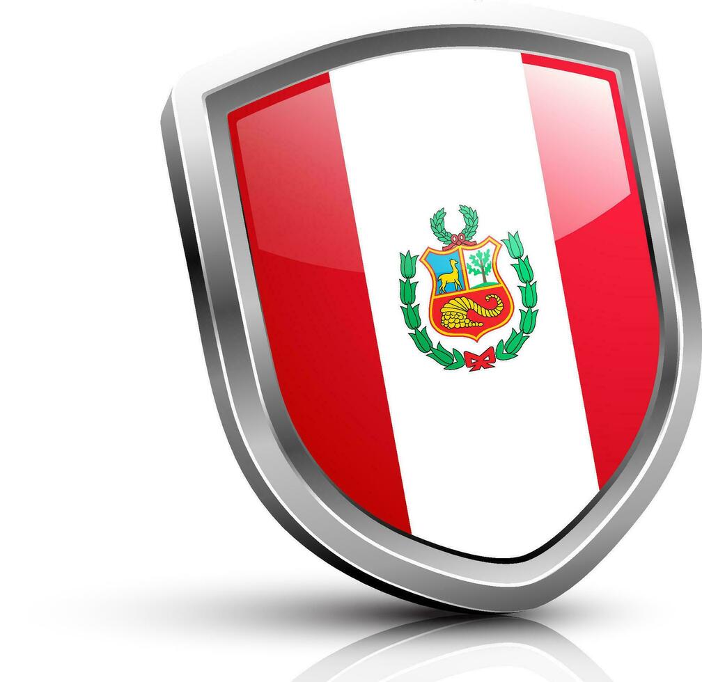 Glossy grey shield decorated by flag of Peru. vector