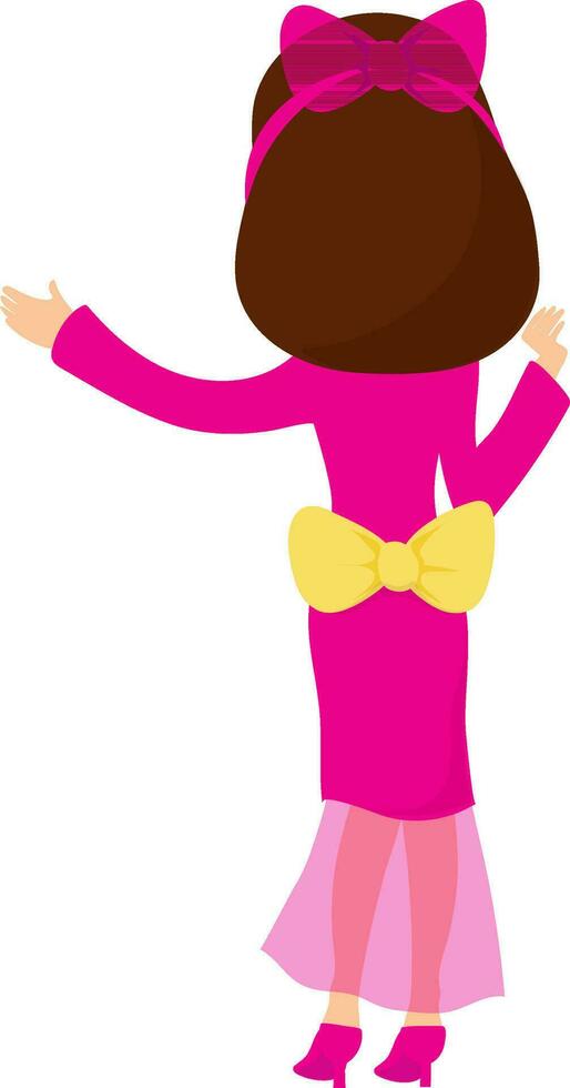 Back pose of a beautiful bride in pink dress with bow. vector