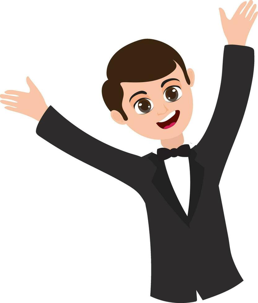Cartoon character of a happy boy in black suit. vector