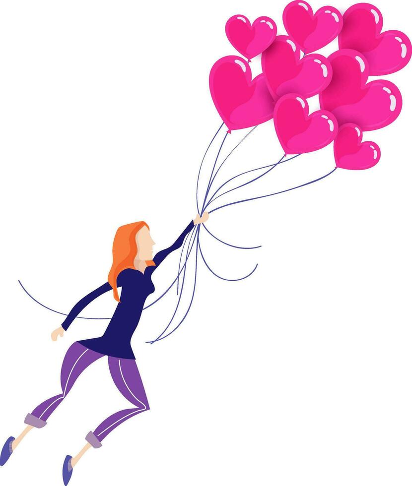 Character of woman flying on balloons. vector