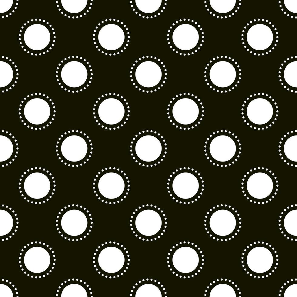 Black and white seamless polka dot pattern with thin dotted line. Big white circles on black background. Fashionable vector background for fabric, texitle.