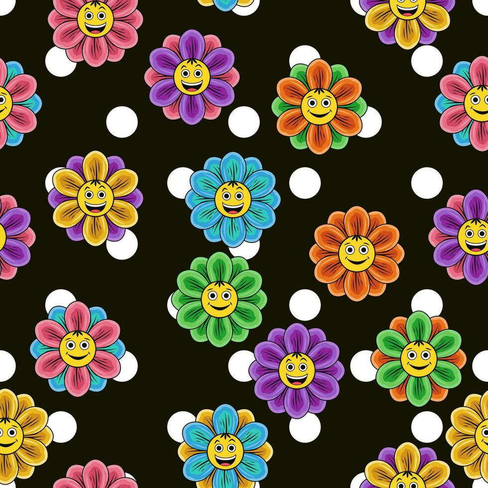 Pattern with big polka dot ornament, colorful chamomile flower with emoji on black background. Simple, conspicuous, fashionable bright illustration. For prints, clothing, surface design. vector