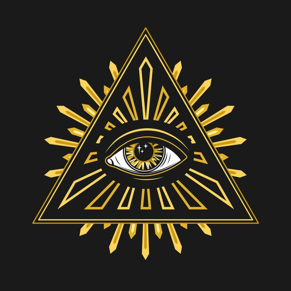 Composition with all seeing eye, eye of providence. Illuminati symbol in pyramid, triangle with light rays, geometric beams. Golden design in retro, vintage style. vector