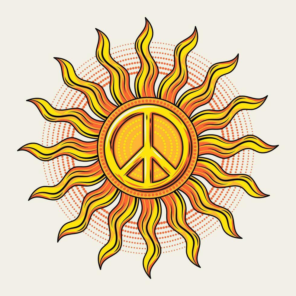 Sun with peace sign. Solar sign for groovy, hippie style. Vector illustration in vintage style on white background. Good for groovy, hippie style