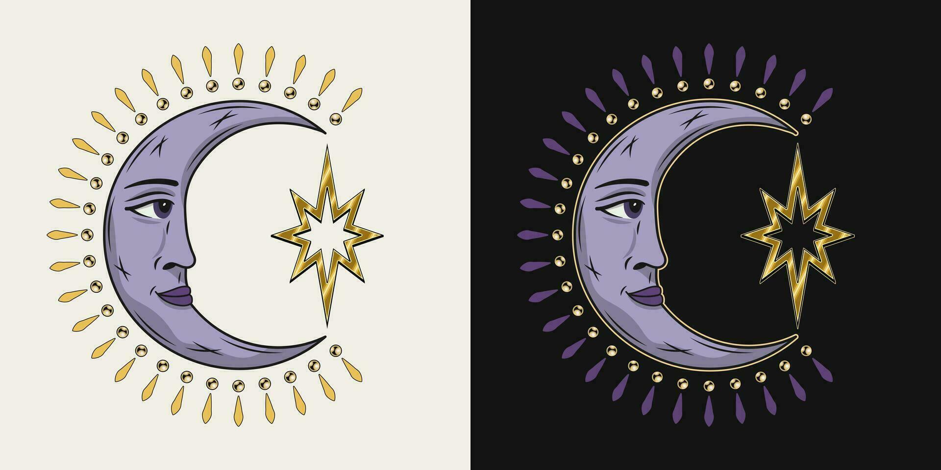 Crescent moon is holding single star. Mythological faitytale symbol with face. Groovy, hippie style. For clothing, apparel, T-shirts, surface decoration, kids design Retro style illustration vector