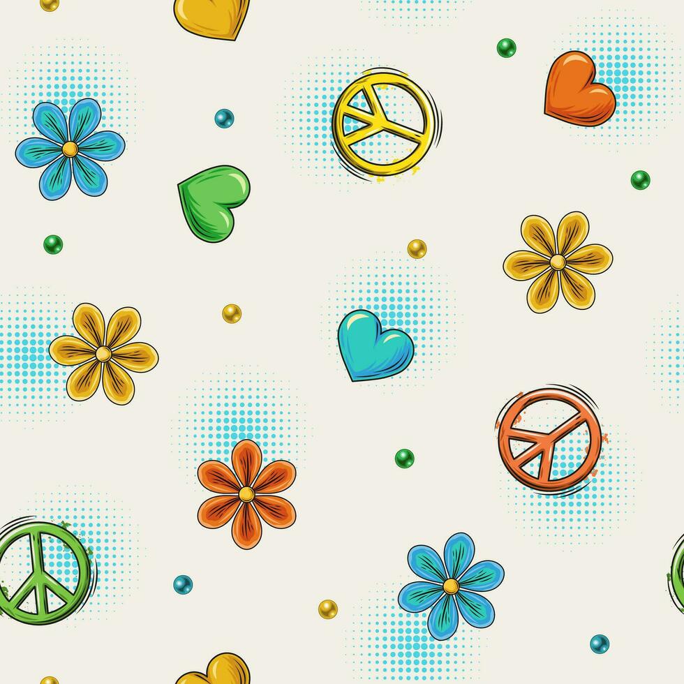Simple pattern with peace sign, chamomile flower, hearts, beads and halftone shapes. Groovy, hippie style. Peaceful, summer illustration. Good for apparel, fabric, textile design vector
