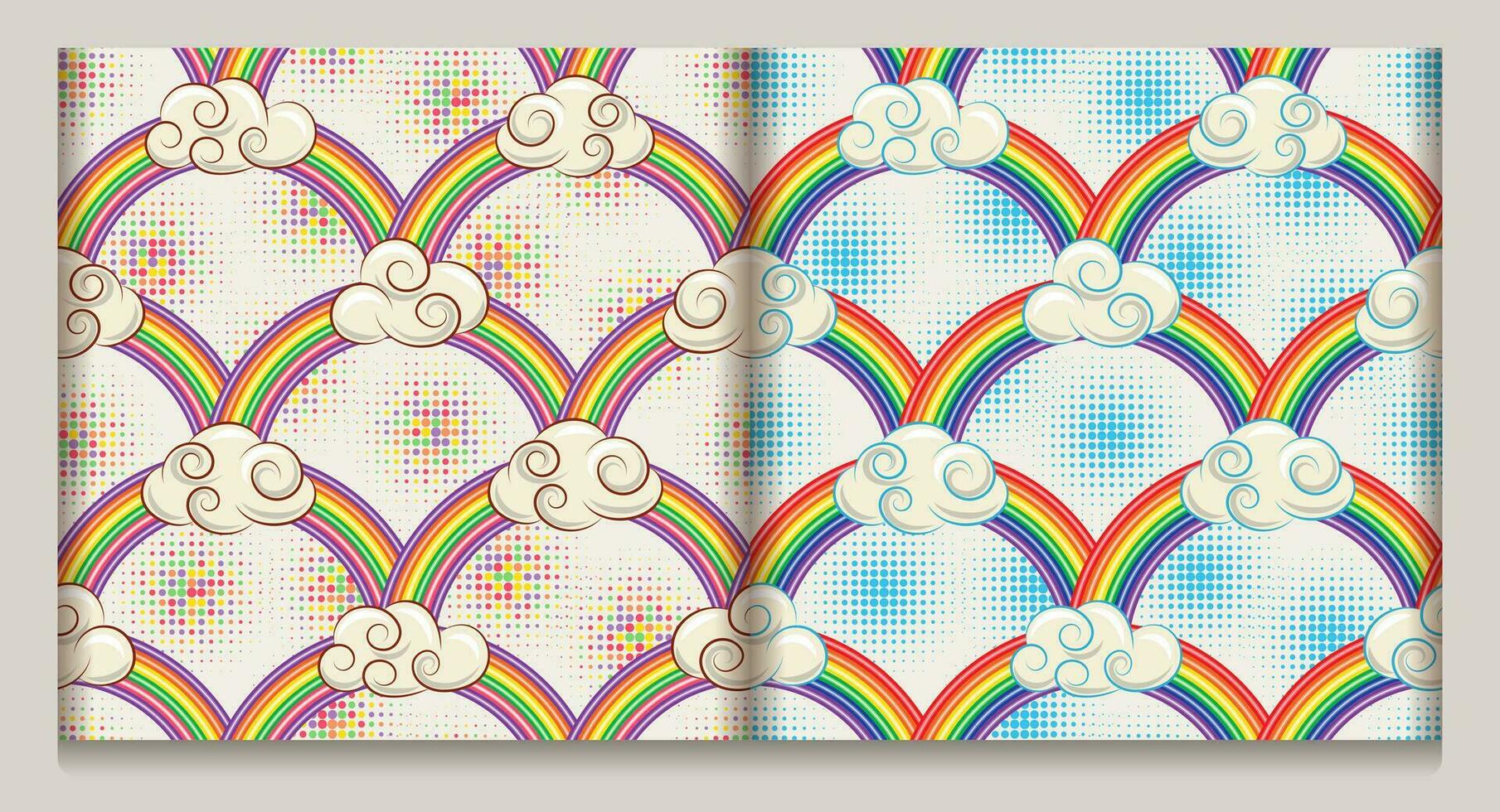 Patterns with clouds, rainbow arch and halftone shapes. Geometric cartoon background. Concept of harmony, positivity. Groovy, hippie, naive style for apparel, fabric, textile vector