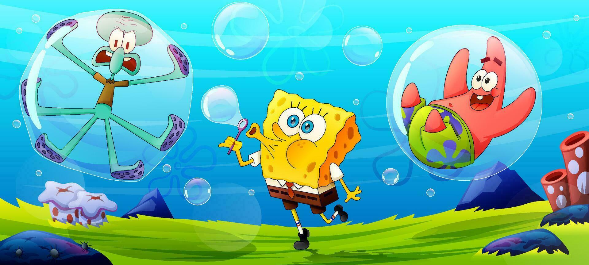 Yellow Sponge and Friends Playing Bubbles vector