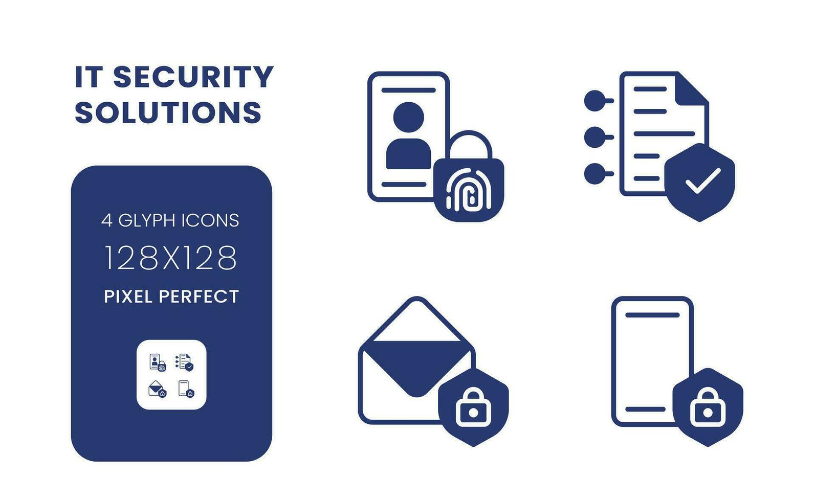 Cyber security solutions black solid desktop icons pack. Authentication control. Risk management. Pixel perfect 128x128, outline 4px. Symbols on white space. Glyph pictograms. Isolated vector images