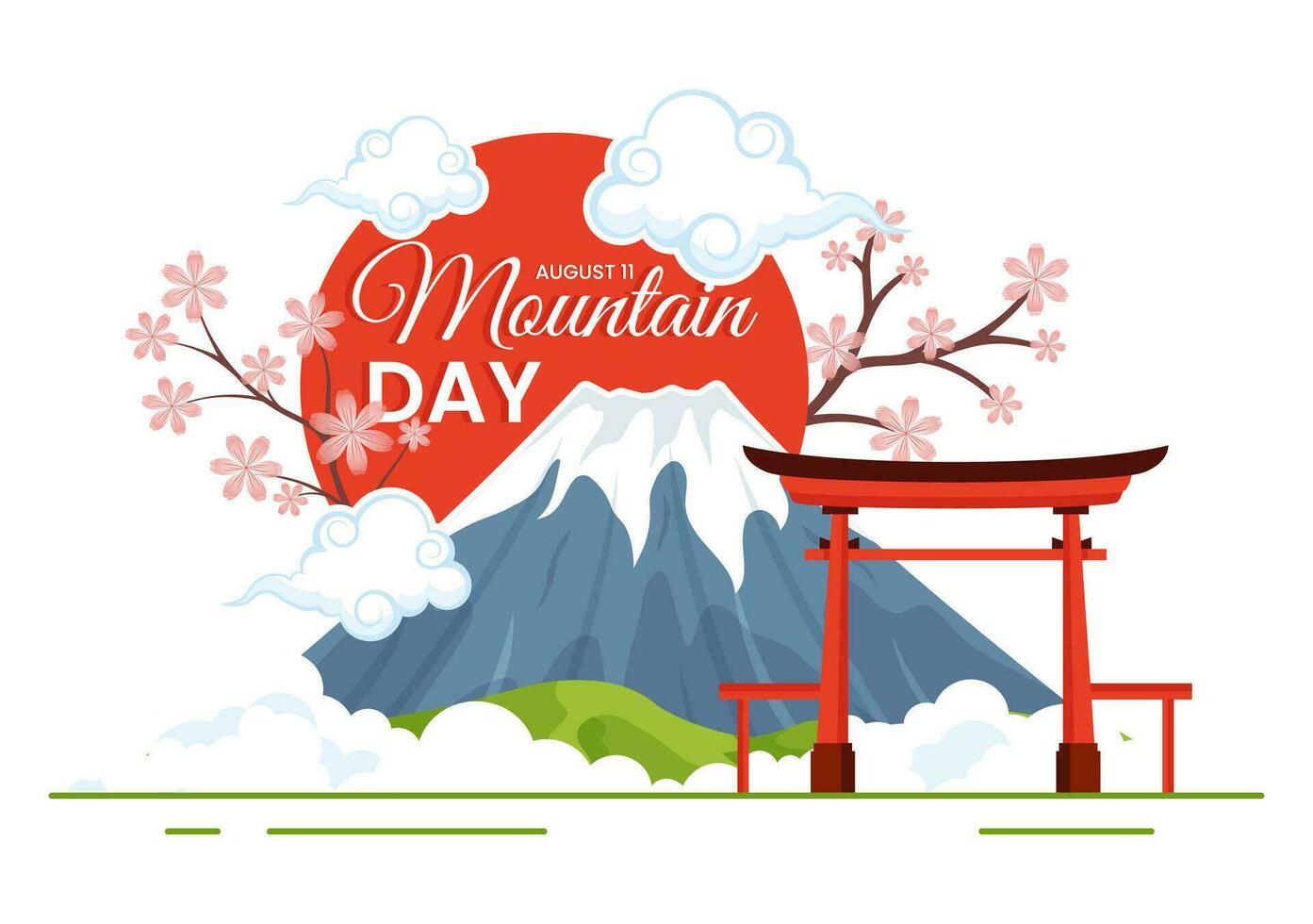Mountain Day in Japan Vector Illustration on August 11 with Mount Fuji and Sakura Flower Background in Flat Cartoon Hand Drawn Templates