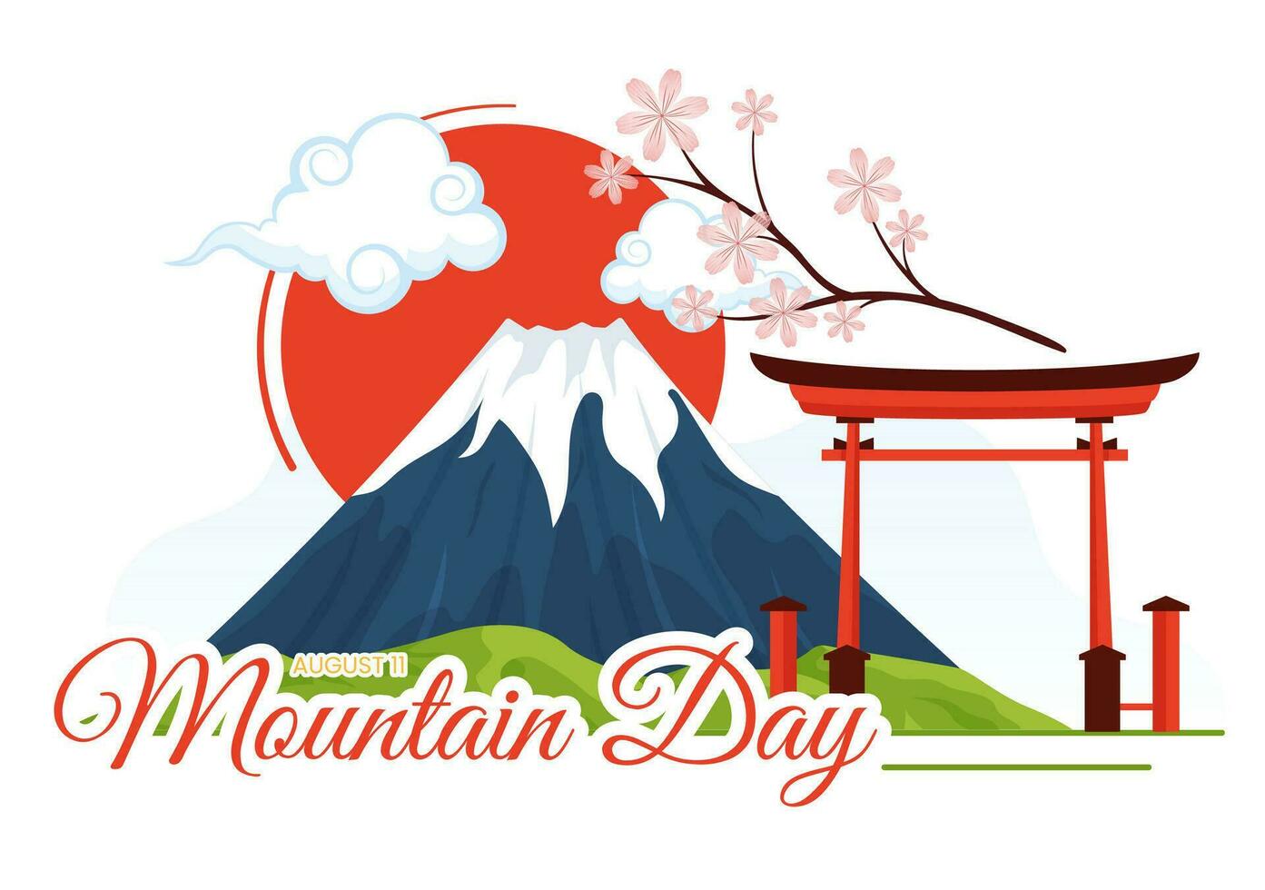 Mountain Day in Japan Vector Illustration on August 11 with Mount Fuji and Sakura Flower Background in Flat Cartoon Hand Drawn Templates