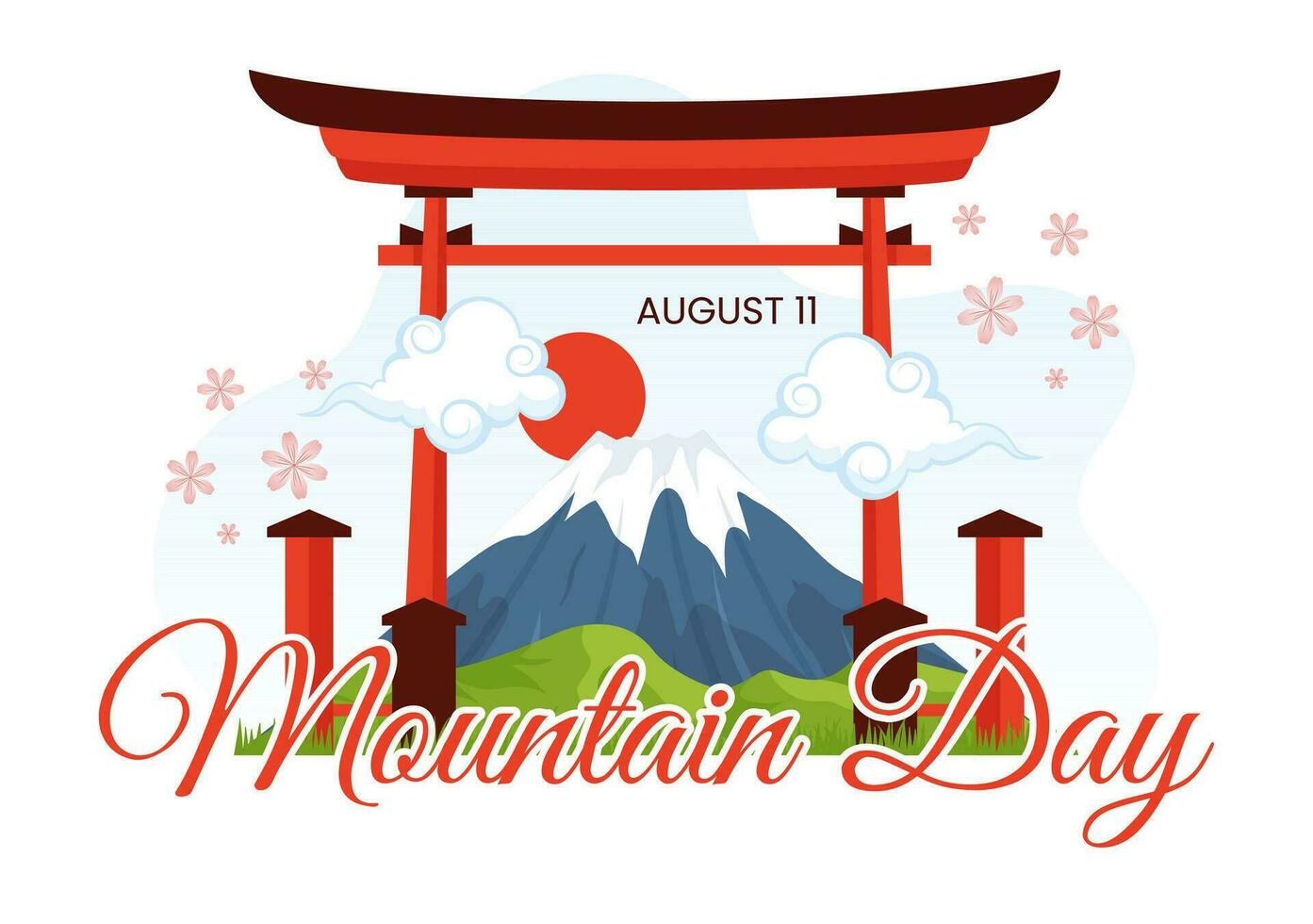 Mountain Day in Japan Vector Illustration on August 11 with Mount Fuji and Sakura Flower Background in Flat Cartoon Hand Drawn Templates