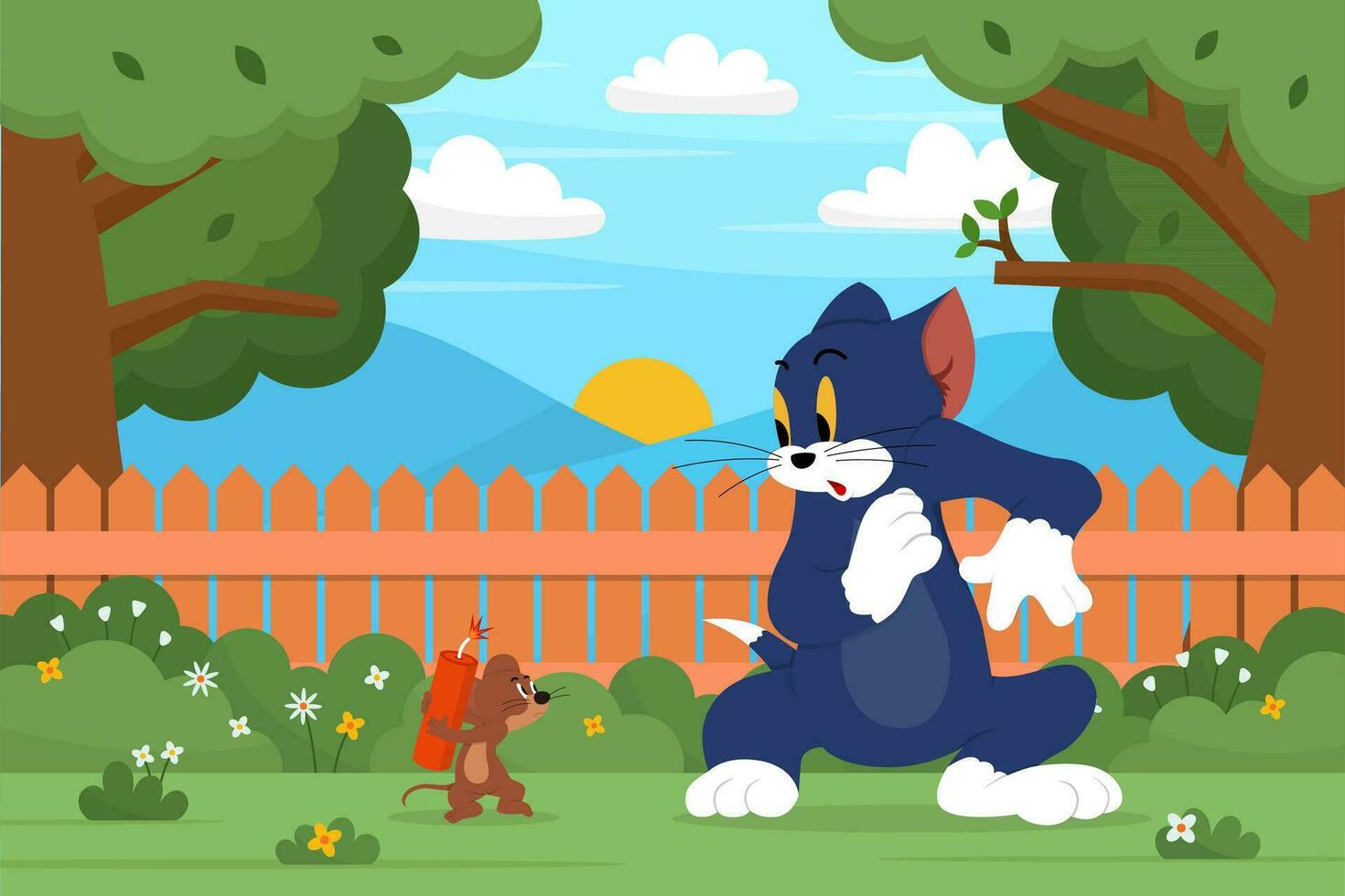 Cute Cat and Mouse Playing in the Yard vector