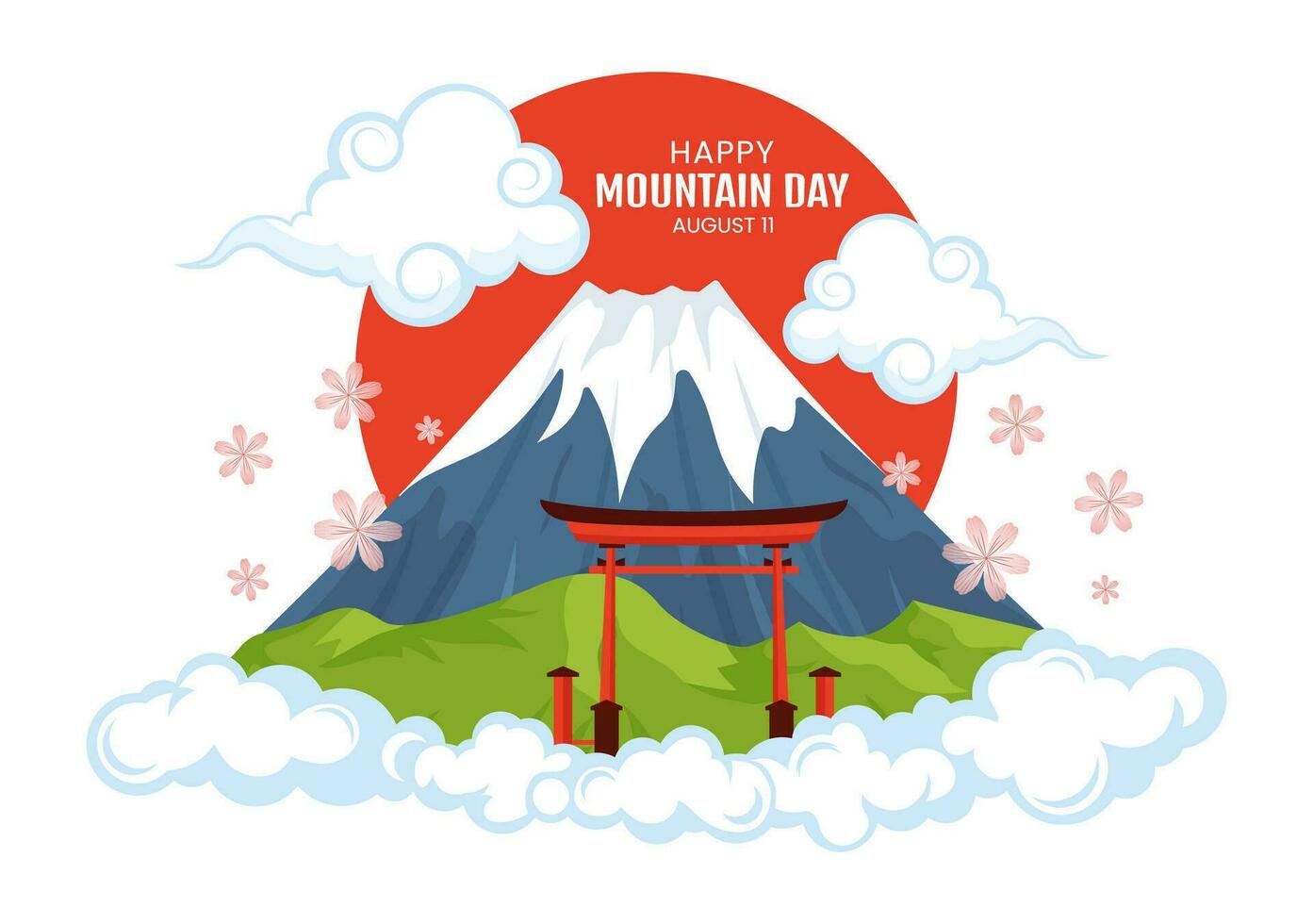 Mountain Day in Japan Vector Illustration on August 11 with Mount Fuji and Sakura Flower Background in Flat Cartoon Hand Drawn Templates