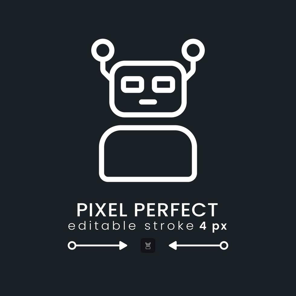 Robot white linear desktop icon on black. Automation technology. Artificial intelligence. Pixel perfect 128x128, outline 4px. Isolated user interface symbol for dark theme. Editable stroke vector