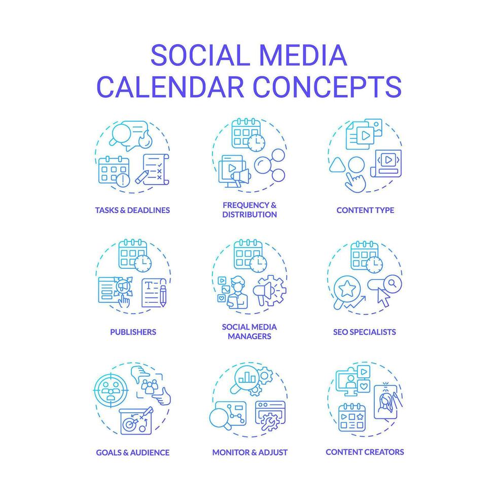Social media calendar blue gradient concept icons set. Digital content. Online tool. Schedule planner. Internet blog. Marketing plan idea thin line color illustrations. Isolated symbols vector