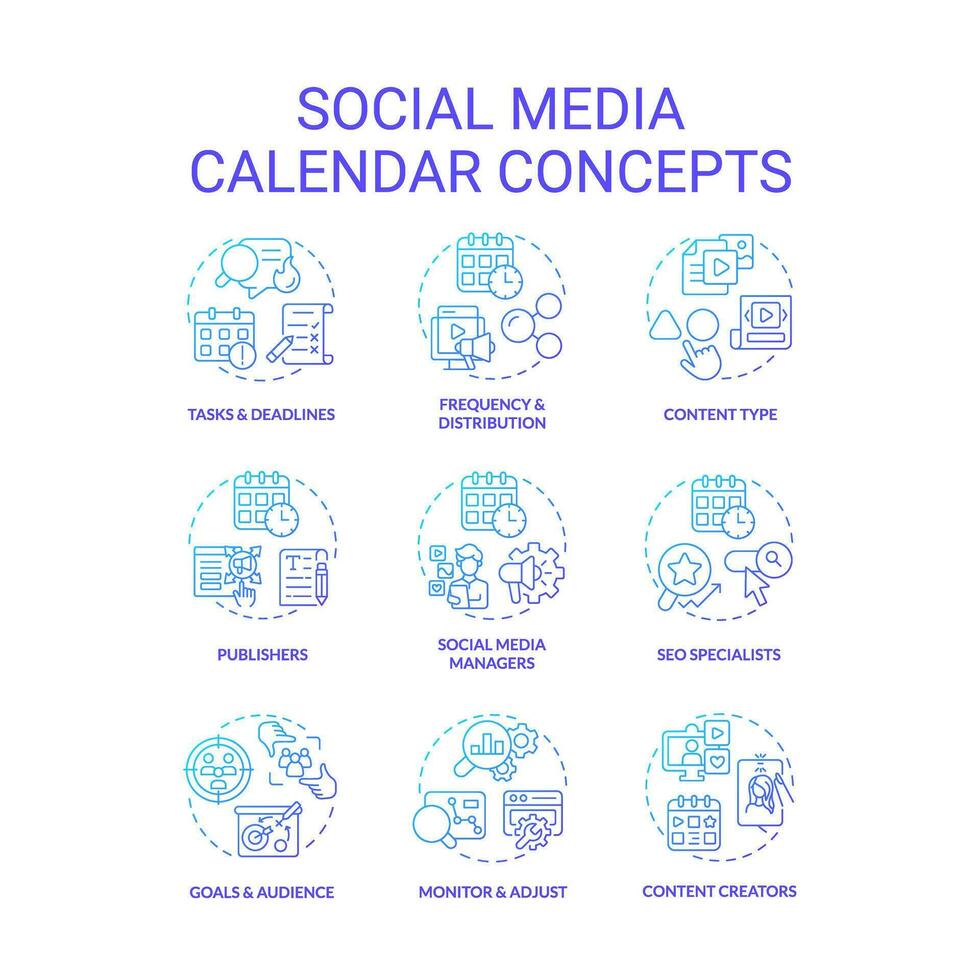 Social media calendar blue gradient concept icons set. Digital content. Online tool. Schedule planner. Internet blog. Marketing plan idea thin line color illustrations. Isolated symbols vector