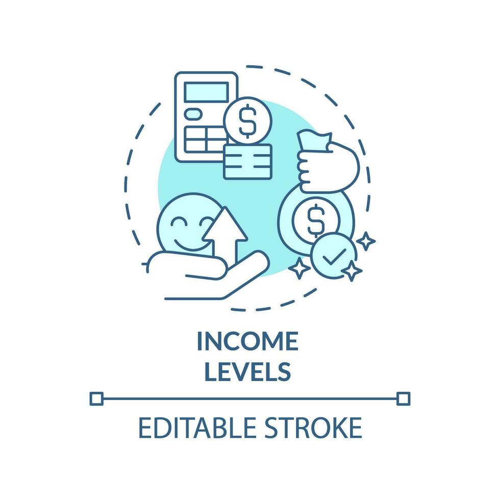 Income levels turquoise concept icon. Earnings growth. Pay scale. Standard of living. Well being. Financial wellness abstract idea thin line illustration. Isolated outline drawing. Editable stroke vector