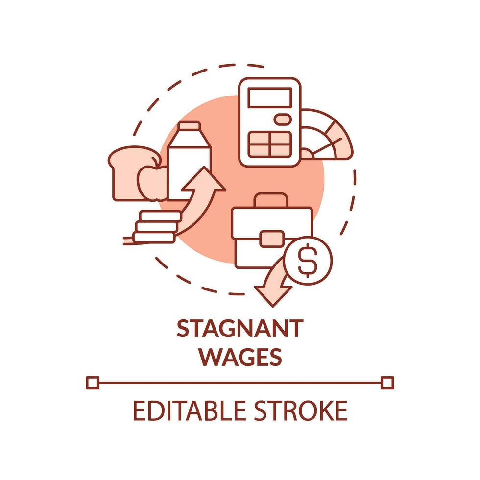 Stagnant wages red concept icon. Income inequality. Rising prices. Low income. Cost of living. Economic crisis abstract idea thin line illustration. Isolated outline drawing. Editable stroke vector