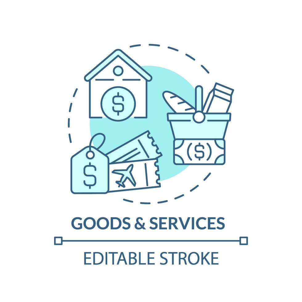 Goods and services turquoise concept icon. Basic need. Standard of living. Family finance. Price index. Household budget abstract idea thin line illustration. Isolated outline drawing. Editable stroke vector
