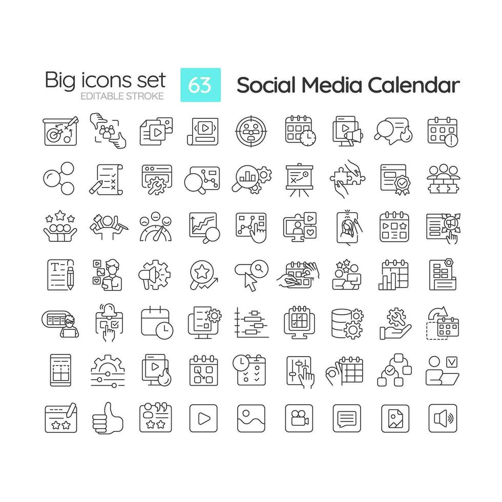 Social media calendar linear icons set. Marketing activity. Community management. Digital content. Schedule plan. Customizable thin line symbols. Isolated vector outline illustrations. Editable stroke