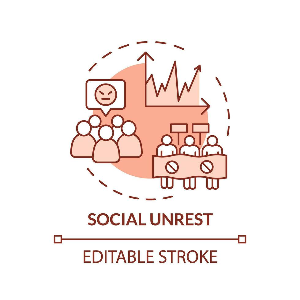 Social unrest red concept icon. Economic inequality. Civil disobedience. Political corruption. Global crisis. Wealth gap abstract idea thin line illustration. Isolated outline drawing. Editable stroke vector