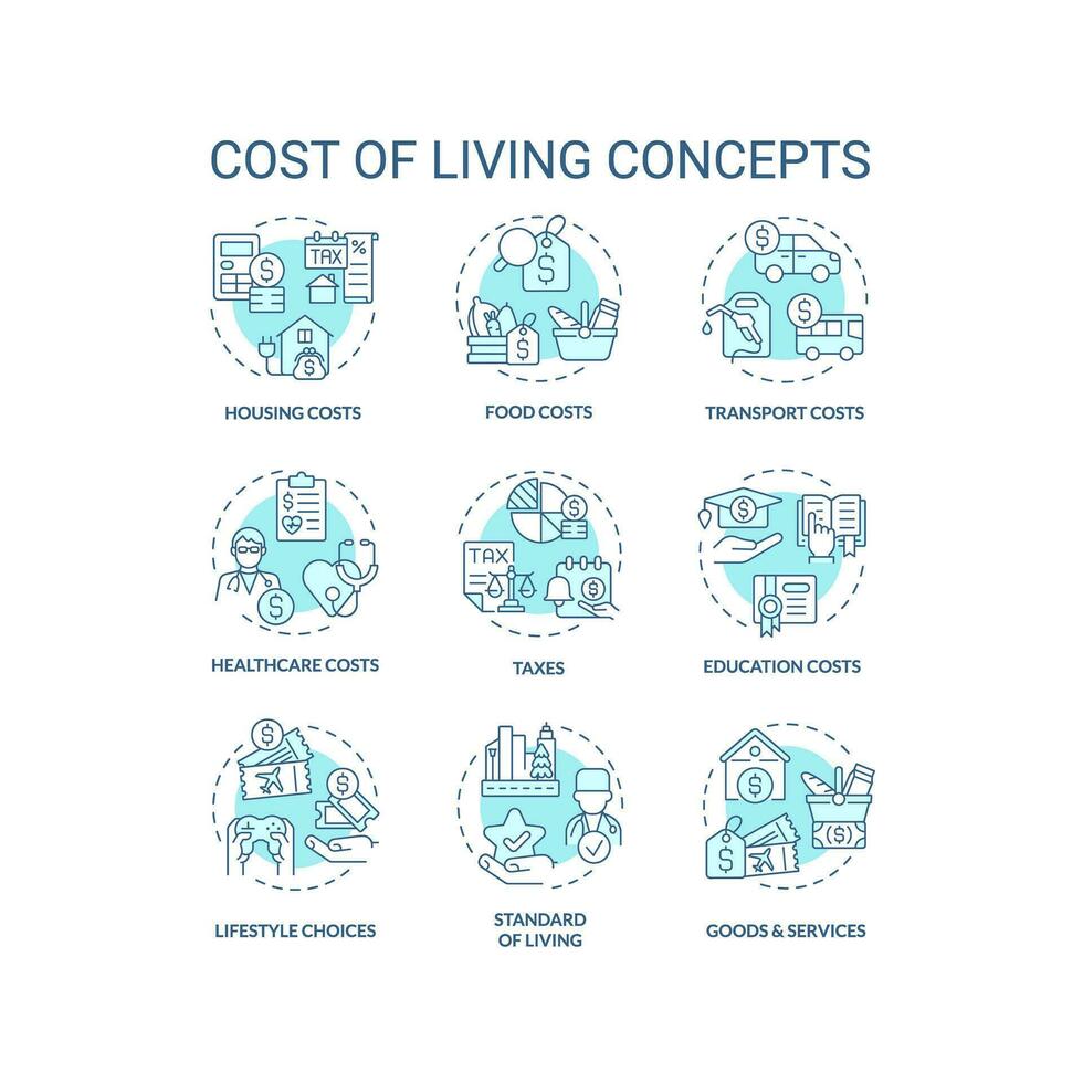 Cost of living turquoise concept icons set. Money expense. Basic need. Financial sustainability. Personal economy. Well being idea thin line color illustrations. Isolated symbols. Editable stroke vector
