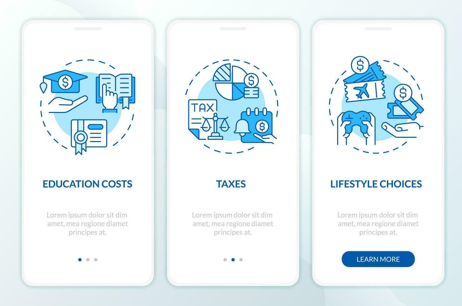 Living expenses blue onboarding mobile app screen. Budget management walkthrough 3 steps editable graphic instructions with linear concepts. UI, UX, GUI templated vector