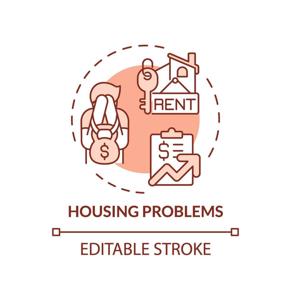 Housing problems red concept icon. Rent payment. Mortgage loan. Low income. Family finance. Global crisis. Real estate abstract idea thin line illustration. Isolated outline drawing. Editable stroke vector