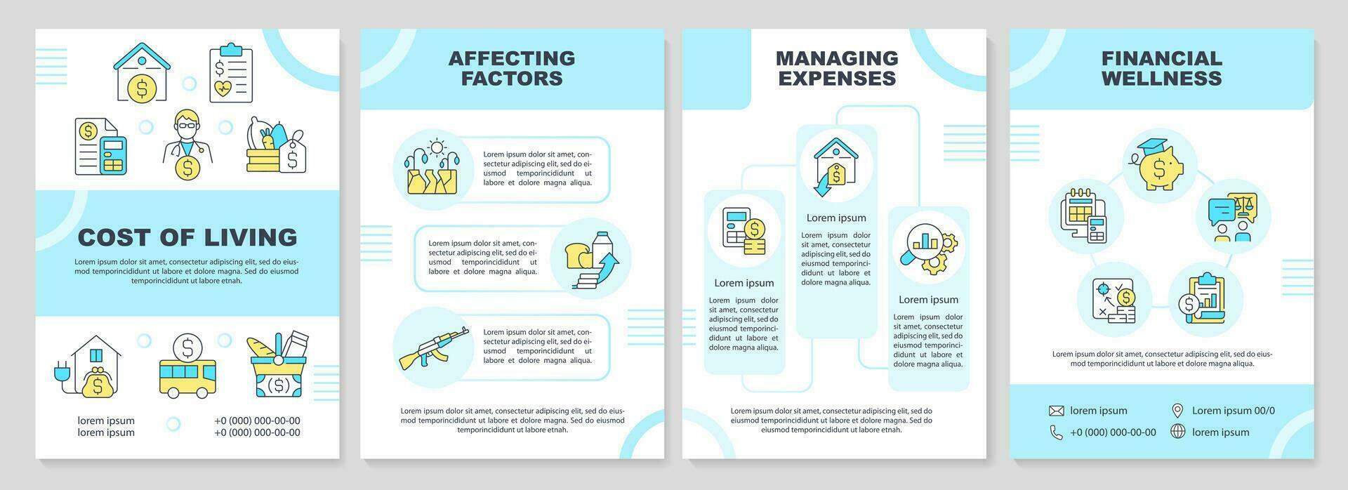 Cost of living turquoise brochure template. Basic need. Leaflet design with linear icons. Editable 4 vector layouts for presentation, annual reports