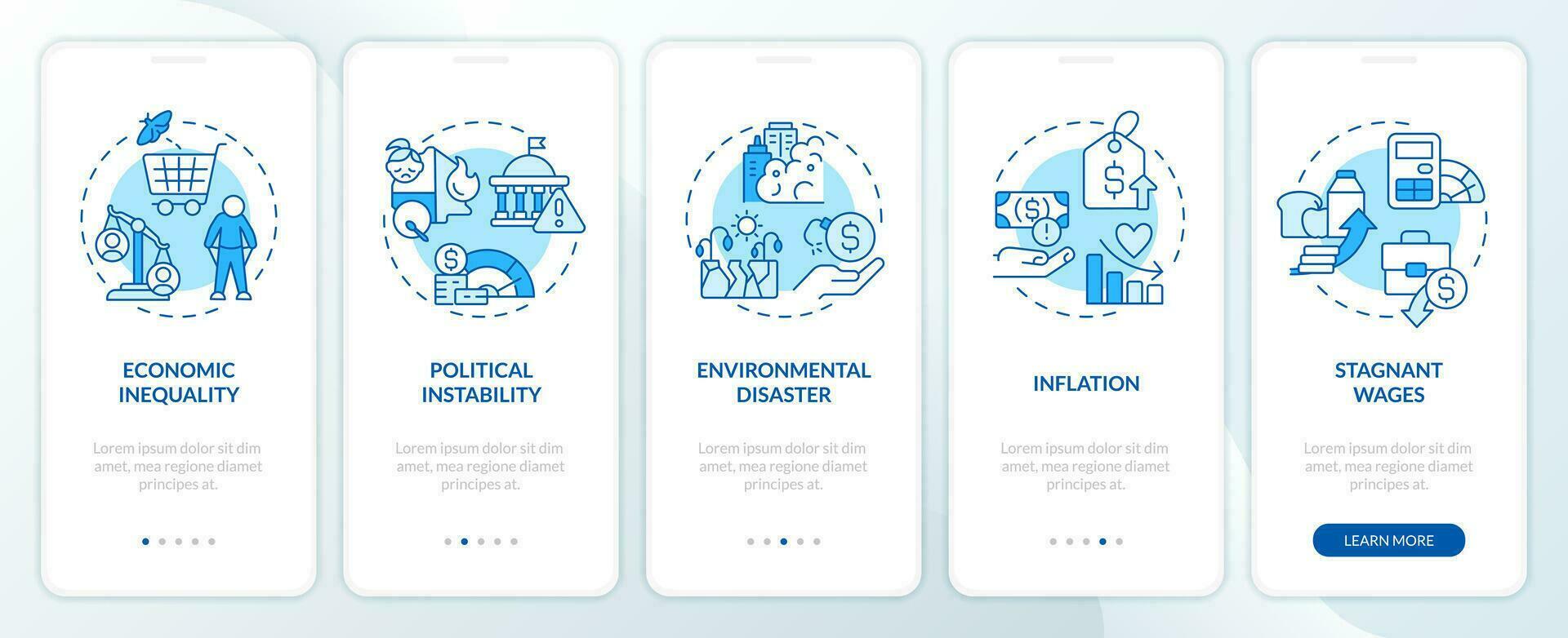 Cost of living crisis reasons blue onboarding mobile app screen. Walkthrough 5 steps editable graphic instructions with linear concepts. UI, UX, GUI templated vector