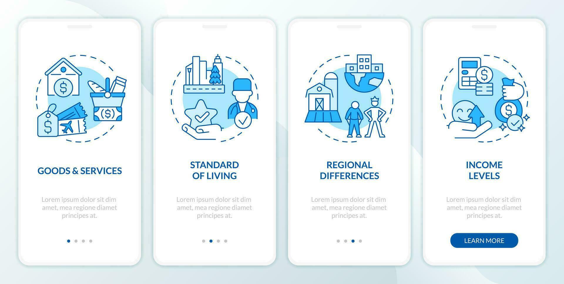 Cost of living concepts blue onboarding mobile app screen. Well being walkthrough 4 steps editable graphic instructions with linear concepts. UI, UX, GUI templated vector