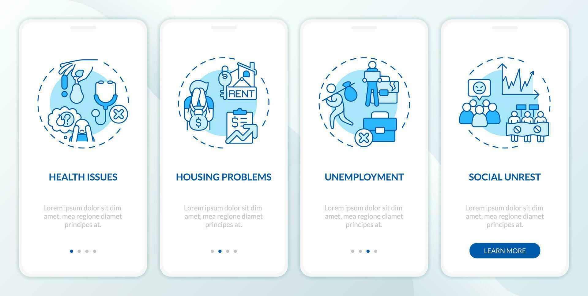 Cost of living crisis effect blue onboarding mobile app screen. Walkthrough 4 steps editable graphic instructions with linear concepts. UI, UX, GUI templated vector