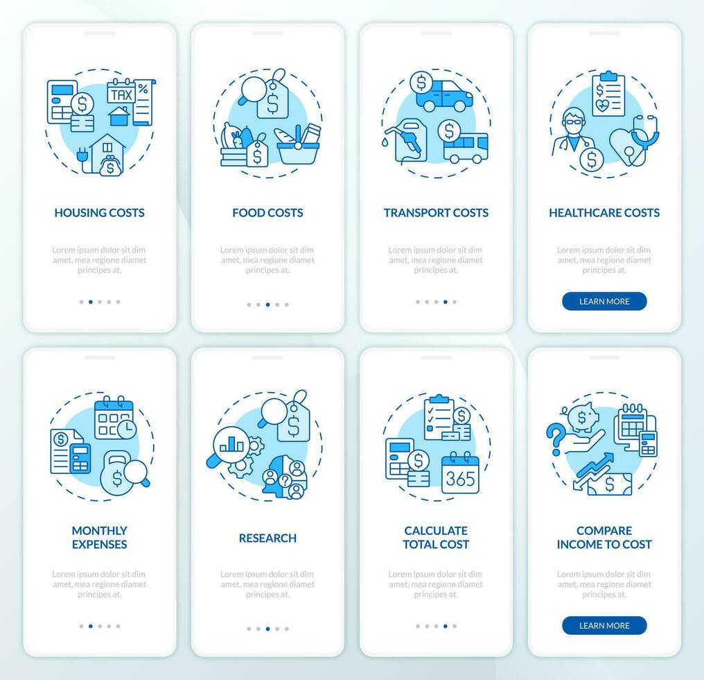 Costs of living blue onboarding mobile app screen set. Household budget walkthrough 4 steps editable graphic instructions with line concepts. UI, UX, GUI templated vector