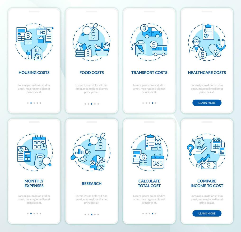 Costs of living blue onboarding mobile app screen set. Household budget walkthrough 4 steps editable graphic instructions with line concepts. UI, UX, GUI templated vector