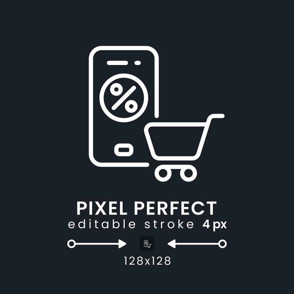 Online Shopping app white linear desktop icon on black. Ecommerce platform. Grocery delivery. Pixel perfect 128x128, outline 4px. Isolated user interface symbol for dark theme. Editable stroke vector