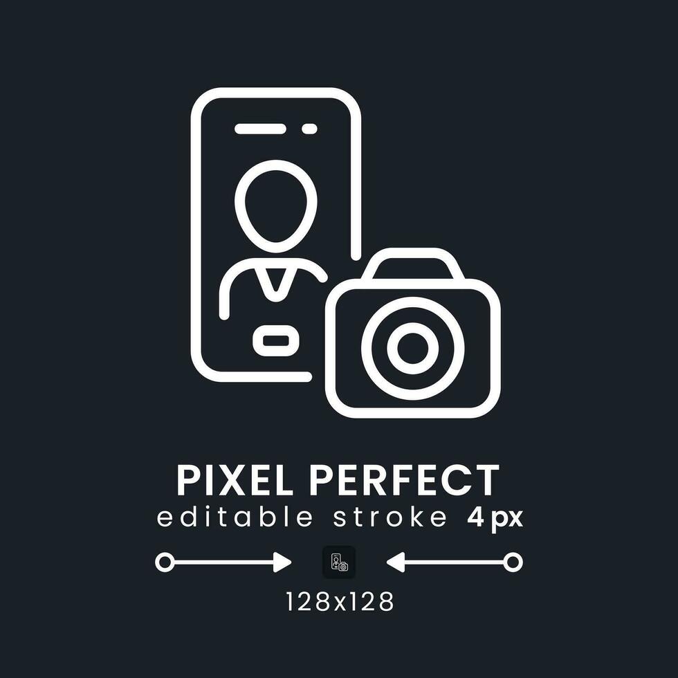 Photography app white linear desktop icon on black. Photo editing. Mobile phone. Development tool. Pixel perfect 128x128, outline 4px. Isolated user interface symbol for dark theme. Editable stroke vector