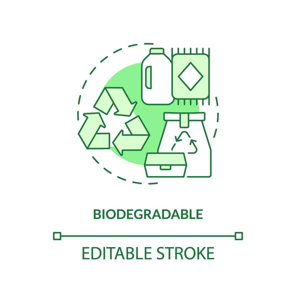Biodegradable green concept icon. Compostable product. Eco friendly. Biobased material idea thin line illustration. Isolated outline drawing. Editable stroke vector