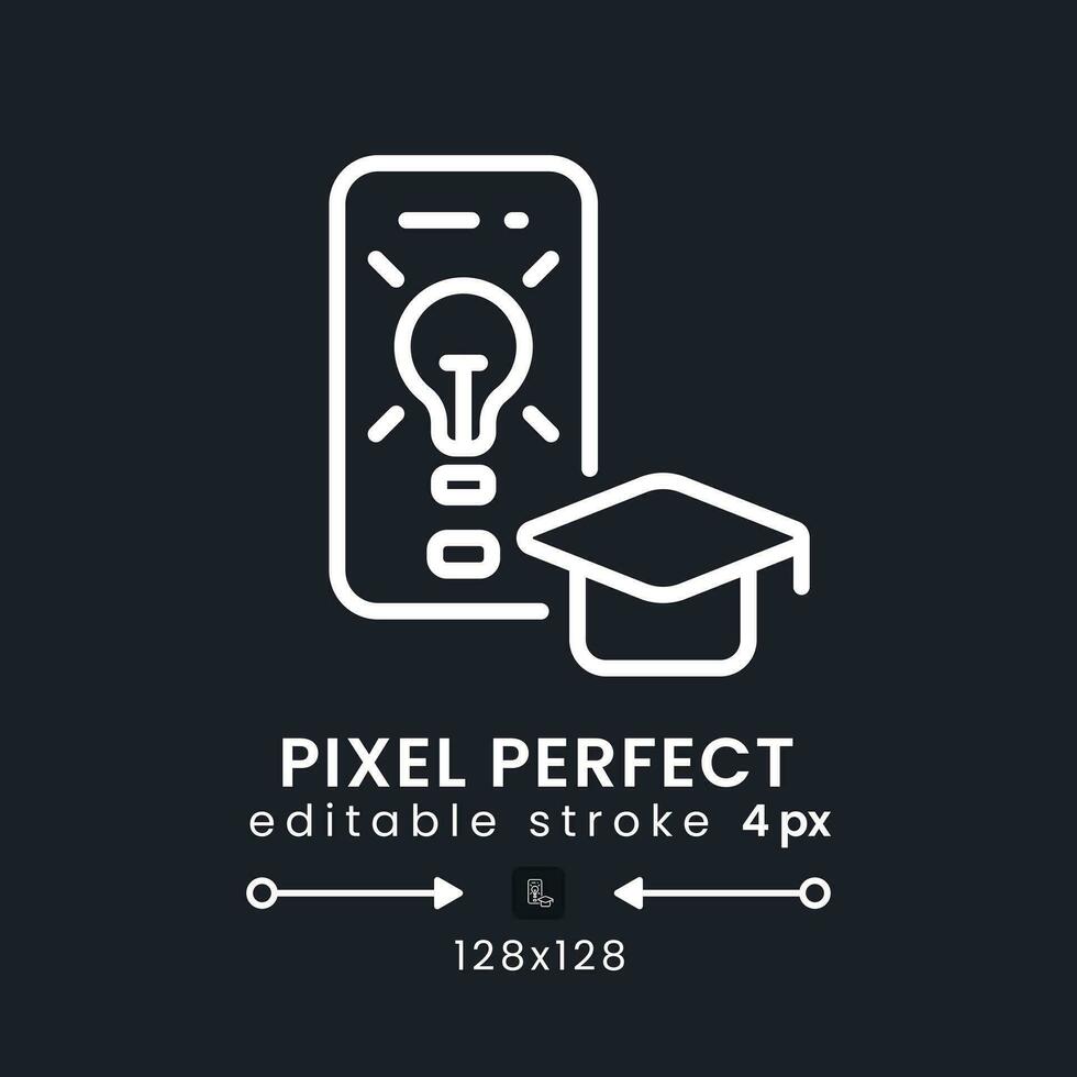 Education app white linear desktop icon on black. Exam preparation. E-learning platform. Pixel perfect 128x128, outline 4px. Isolated user interface symbol for dark theme. Editable stroke vector
