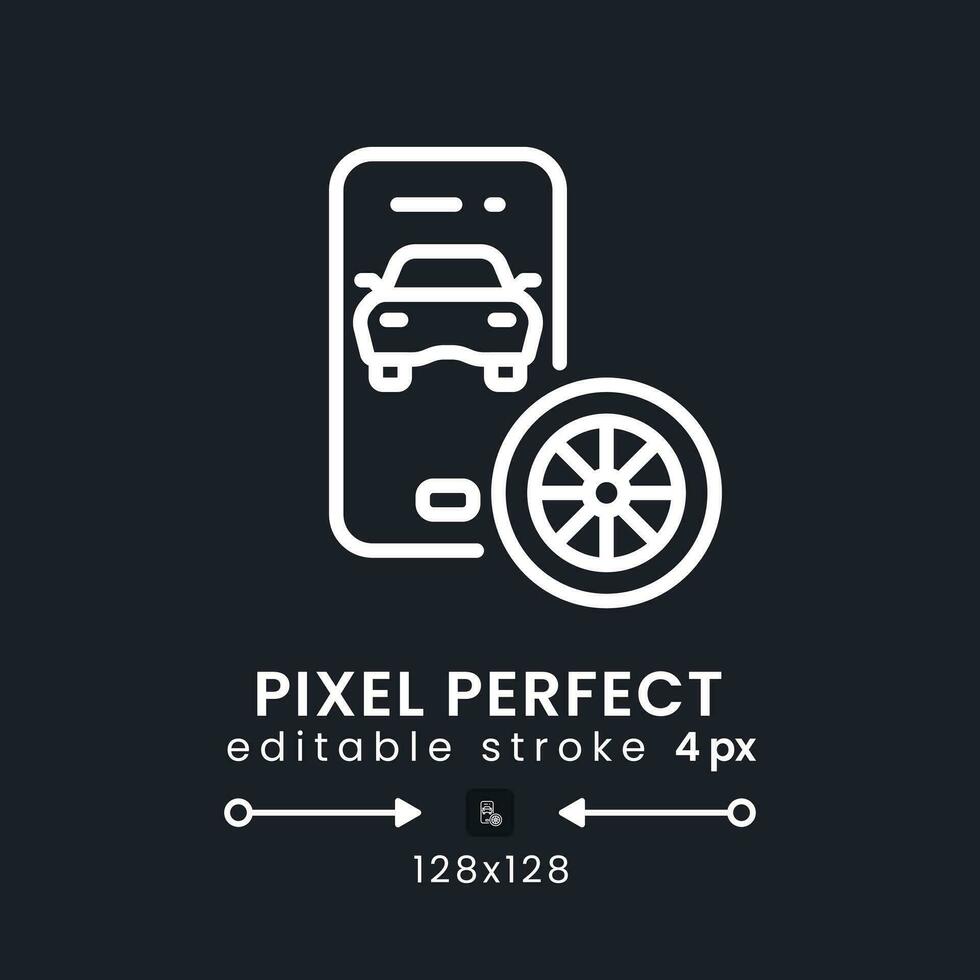 Automotive app white linear desktop icon on black. Car service. Vehicle maintenance. Auto dealer. Pixel perfect 128x128, outline 4px. Isolated user interface symbol for dark theme. Editable stroke vector