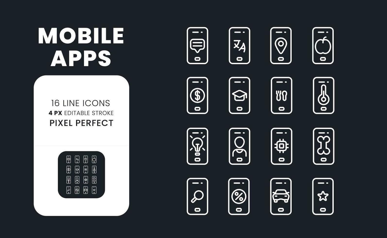 Mobile apps white linear desktop icons on black. Smartphone software. Market analytics. Online tools. Pixel perfect, outline 4px. Isolated interface symbols pack for dark mode. Editable stroke vector